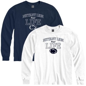 navy and white long sleeve t-shirts with Nittany Lion for Life above Penn State Athletic Logo